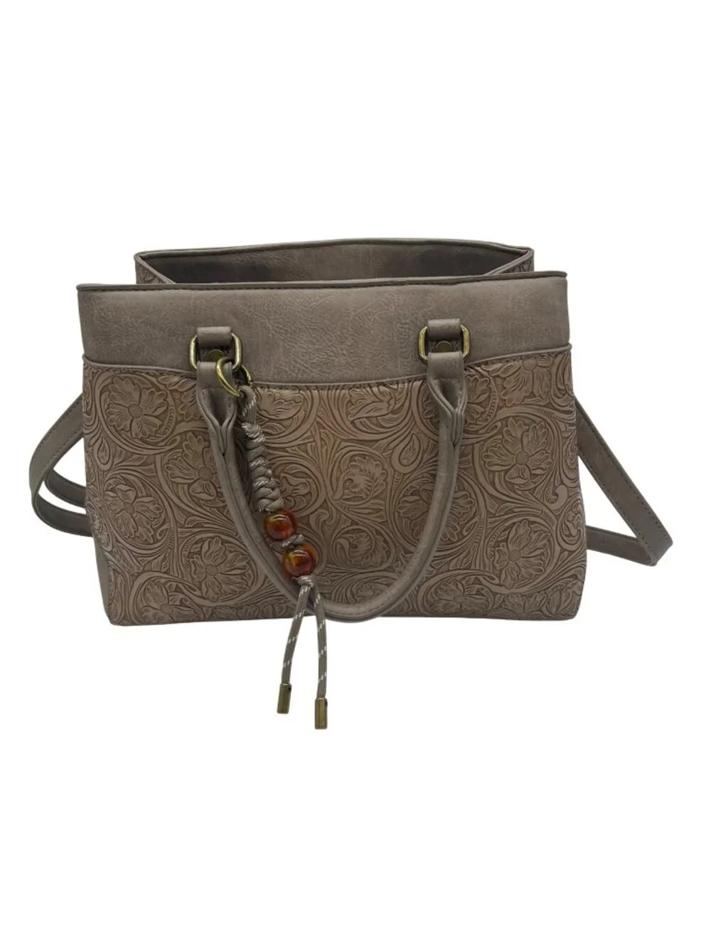 Tan Leather Floral Printed Tote Bag